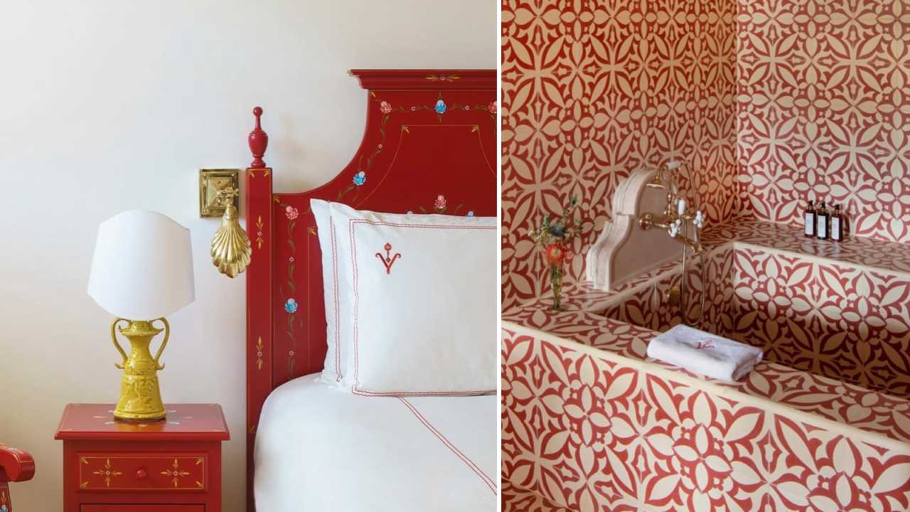 Montagem de fotos  de detalhes do quarto e banheira do Hotel de Christian Louboutin em Portugal