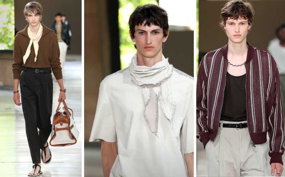 Montagem de 3 fotos de modelos usando lenços  no desfile masculino da Hermès na Paris Fashion Week.