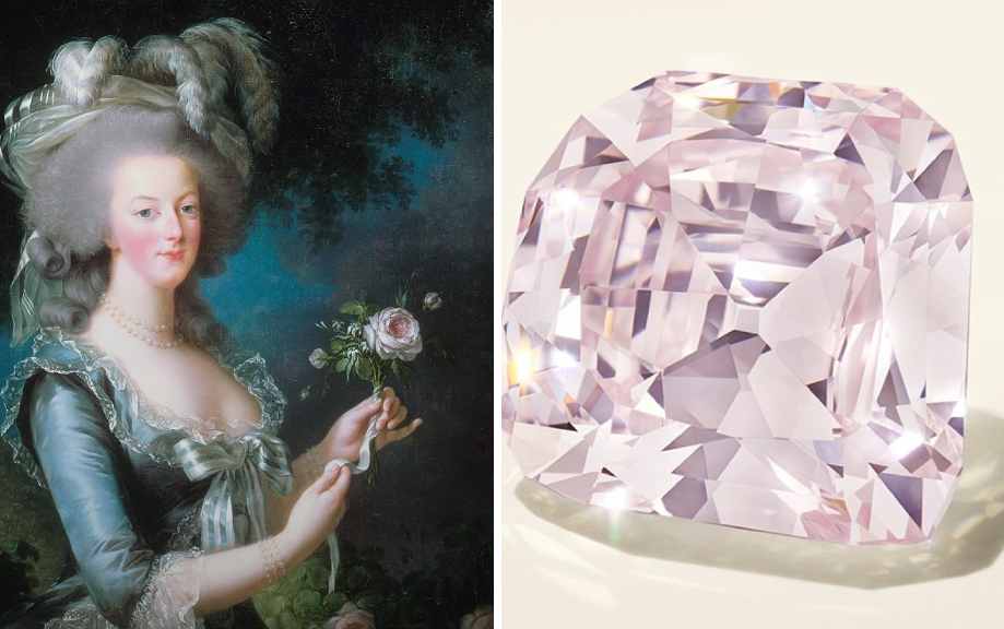 Montagem de fotos de Maria Antonieta e a joia com diamante rosa que teria pertencido a ela.