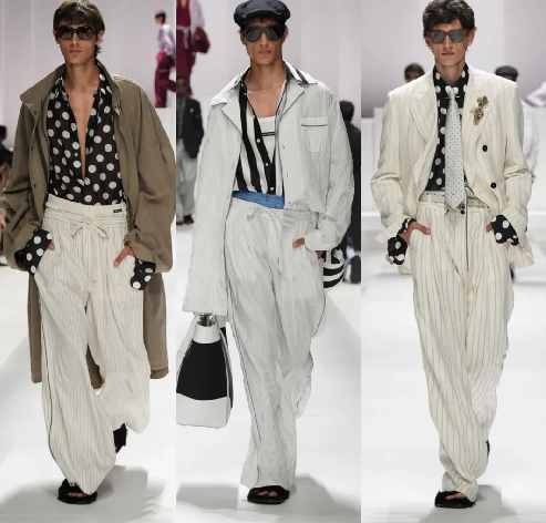 Montagem de fotos de homens usando roupas com Listras e poás na Coleção Masculina da Dolce & Gabbana Verão 2026. 