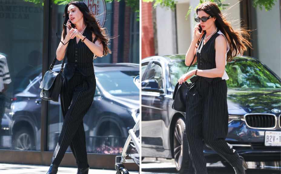 Foto de looks de Anne Hathaway nas gravações de o Diabo veste prada 2, com figurino de marcas de luxo jean paul gaultier e bolsa coach.