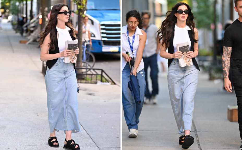 Montagem de fotos das filmagens do filme o Diabo veste Prada 2 com Anne Hathaway usando papetes da marca de luxo Chanel.