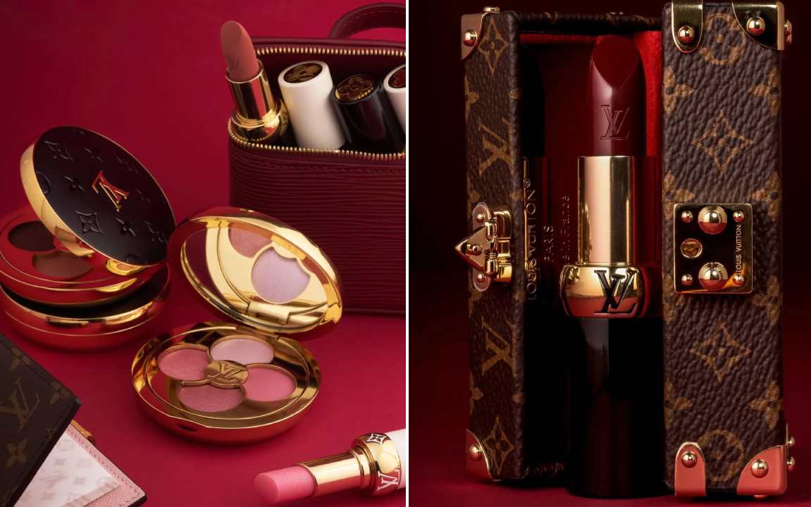 Montagem de fotos da primeira linha de maquiagem da Louis Vuitton, La Beauté.