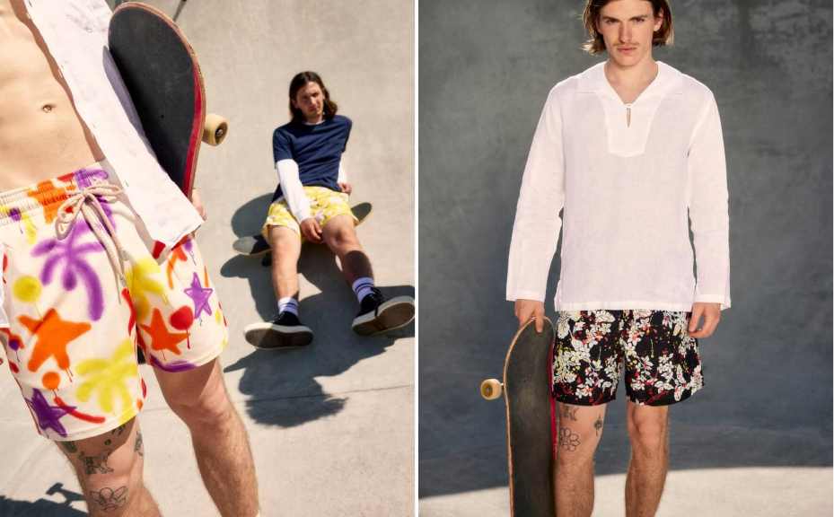 Montagem de fotos da campanha de bermudas de banho masculinas de luxo da marca Vilebrequin com Palm Angels.