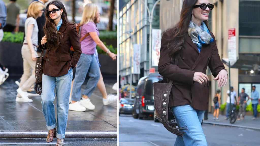 Montagem de fotos de filmagens do filme O Diabo veste prada 2, onde a personagem de Anne Hathaway  usa a Bolsa Valentino Nellcôte de camurça marrom.