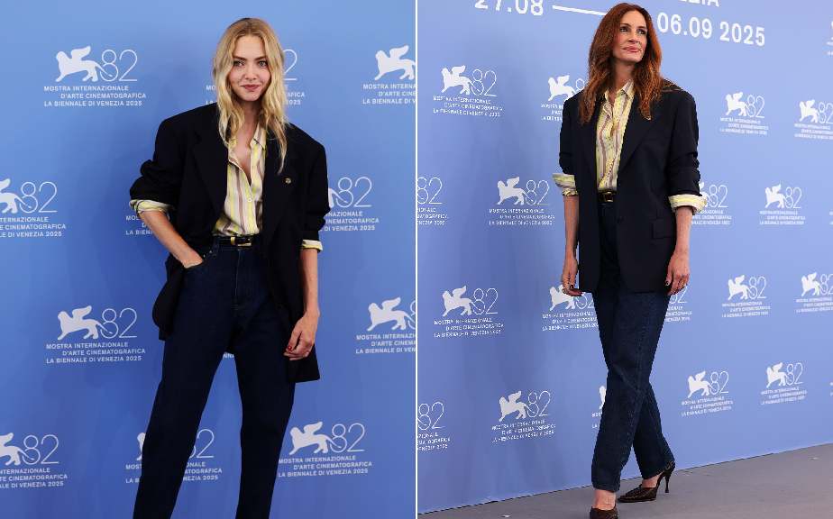 Montagem de fotos de Amanda Seyfried e Julia Roberts  de Versace by Dario Vitale no Festival de Veneza, camisa listrada amarela, blazer azul escuro e calça jeans.