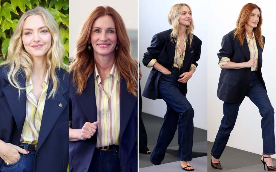 Montagem de fotos das atrizes  Amanda Seyfried e Julia Roberts usando o mesmo look da Versace no Festival de Cinema de Veneza.
