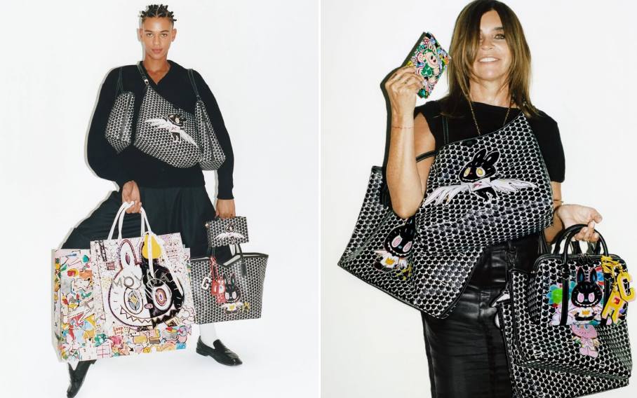 Montagem de fotos do  Bailarino Guillaume Diop ao lado da  Editora de Moda Carine Roitfeld com Acessórios Exclusivos Moynat X Labubu.