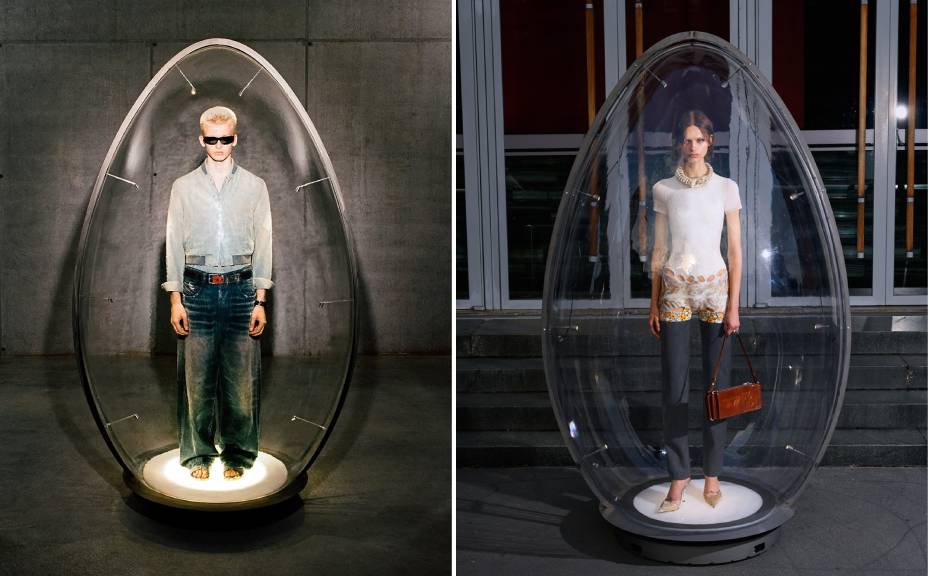 Montagem de fotos de modelos dentro de ovos de acrílicos gigantes com looks da Diesel Coleção S/S 2026.