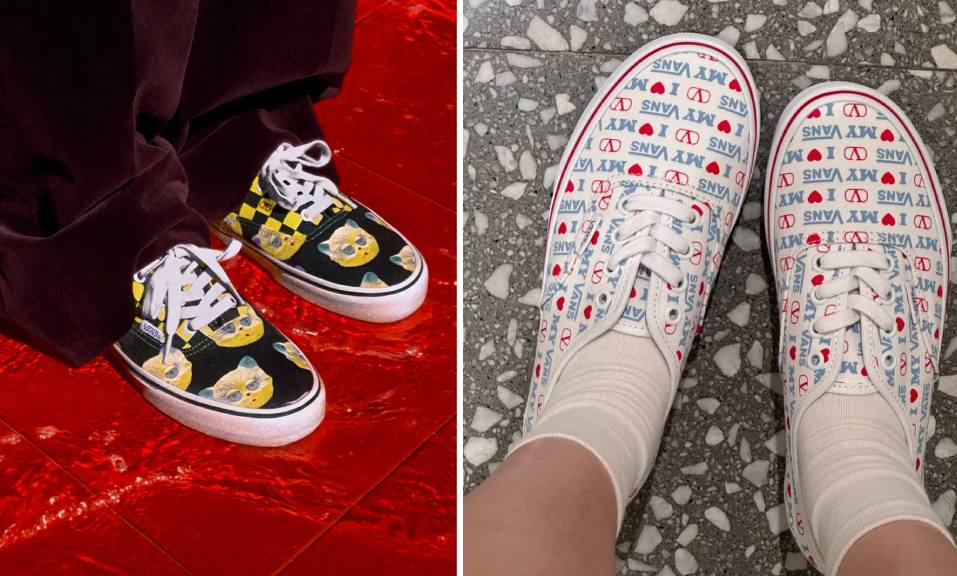 Fotos de modelos de vans com a valentino, collab streetwear de luxo.