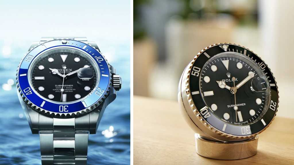 Montagem de fotos de um relógio Rolex Submariner de pulso ao lado do Submariner Desk Clock, modelo de mesa.