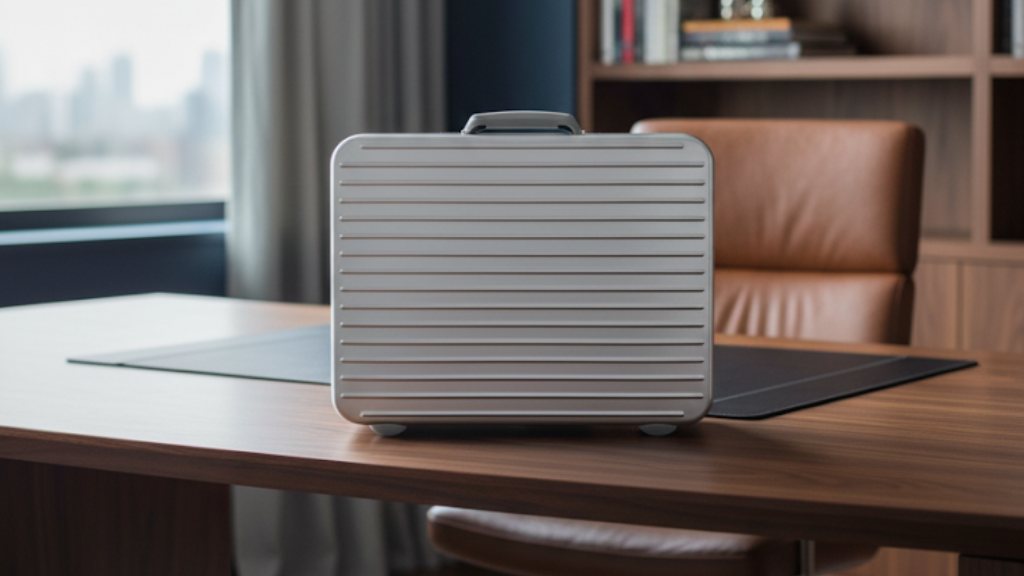 Foto de Pasta Rimowa Attachè Alumínio Prateada em cima de mesa de escritório.