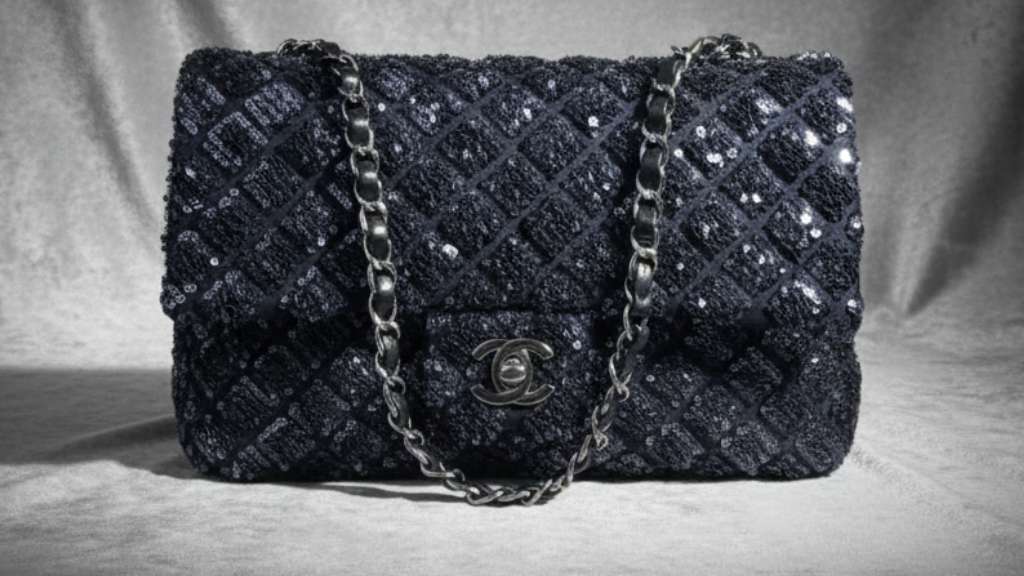 Foto de bolsa chanel com brilho e paetês perfeita para sair à noite na Black Fruday Exttended.