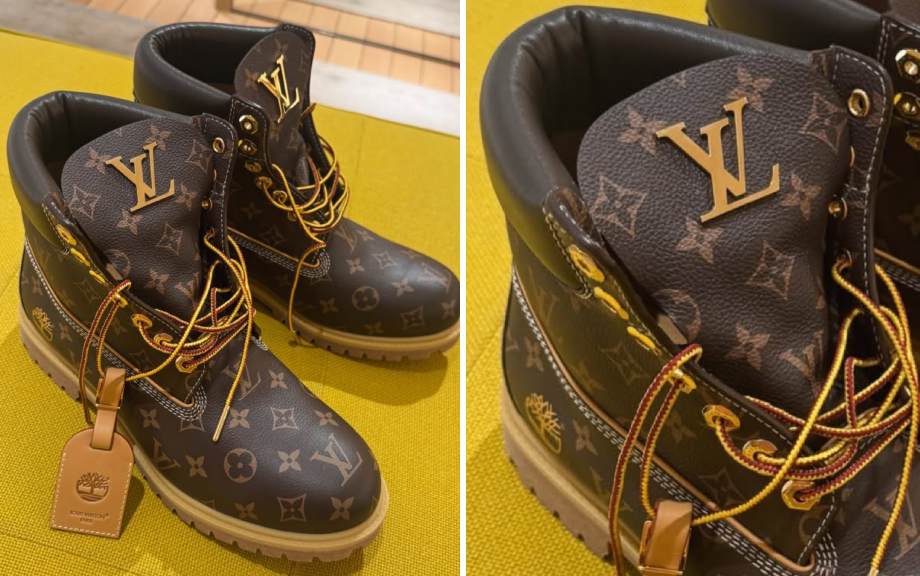 Montagem de fotos das botas LV com a Timberland que traz detalhes de outo na lingueta e nos ilhoses.