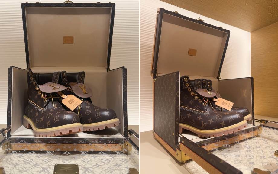 Montagem de de fotos das botas masculinas Louis Vuitton X Timberland dentro de baús/caixas LV personalizadas.