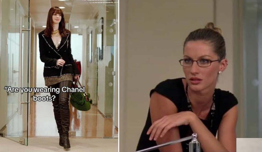 Montagem de fotos de cenas do filme o diabo veste Prada quando a personagem de Gisele Bundchen fica impressionada com as Botas Chanel de Anne Hathaway.