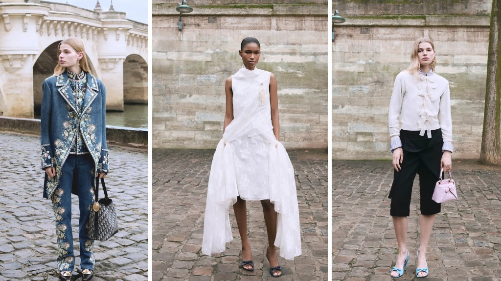 Montagem de 3 fotos do 
Lookbook Dior Pre-Fall 2026 por Jonathan Anderson. 