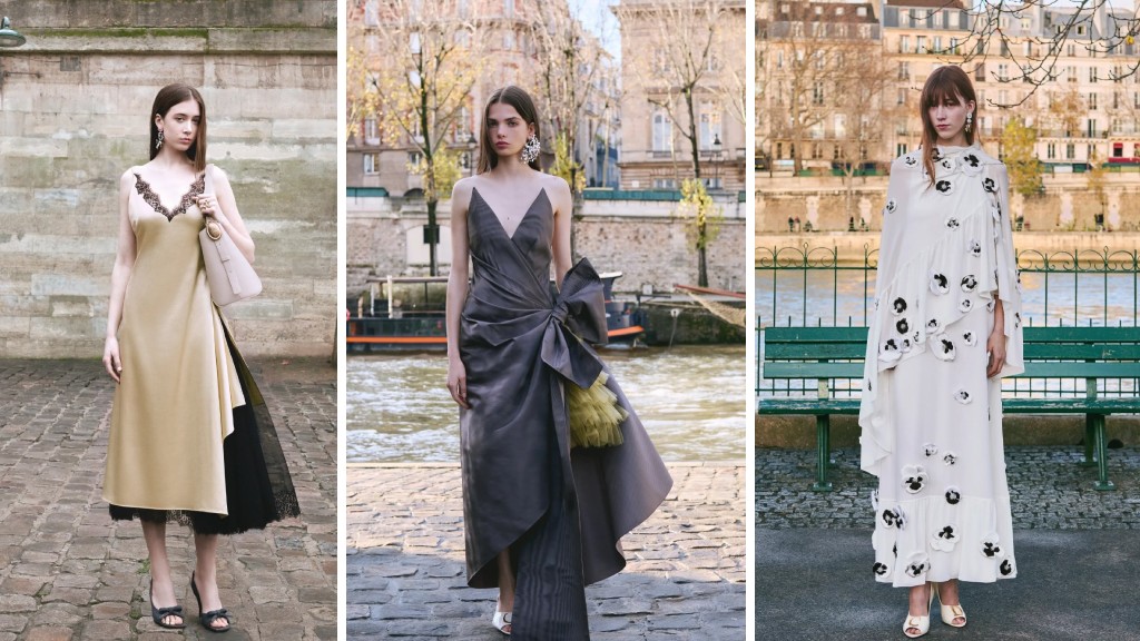 Montagem de 3 fotos de modelos usando vestidos DIor da Coleção Pre-fall 2026 assinados por Jonathan Anderson.
