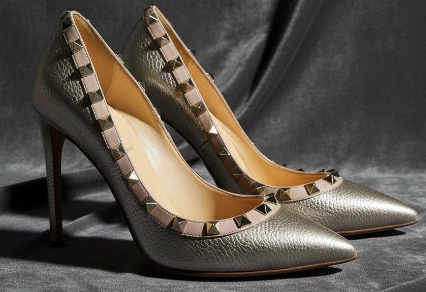 Foto de scarpin prateado com tachas de salto alto de luxo da marca Valentino.