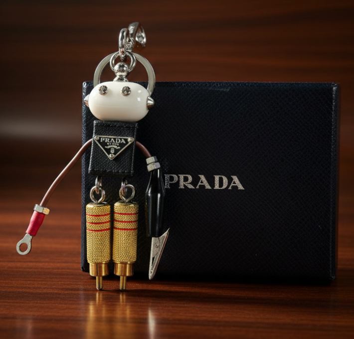 Foto de chaveiro da Prada, uma das ideias de acessórios para presentear no Natal.