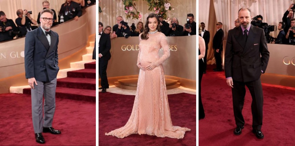 Montagem de fotos de famosos usando Prada no Globo de Ouro 2026.
