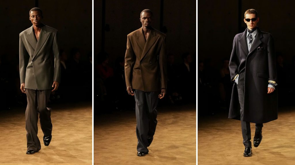 Montagem de fotos da Coleção de Inverno 2026 da Saint Laurent Masculina na PFW.