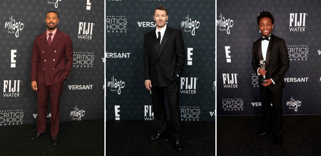 Montagem de fotos de Michael B. Jordan, Joel Edgerton e Miles Caton que estavam entrem os homens mais elegantes no Critics Choice Awards 2026 com ternos Louis Vuitton.