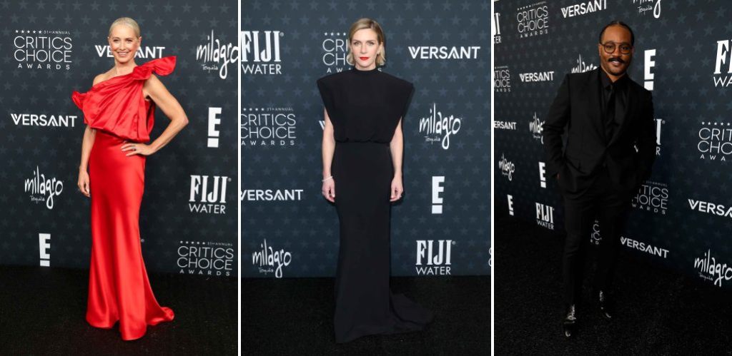 Montagem de fotos de Katherine LaNasa, Rhea Seehorn e Ryan Coogler no Critics Choice Awards 2026 todos vestindo Louis Vuitton.