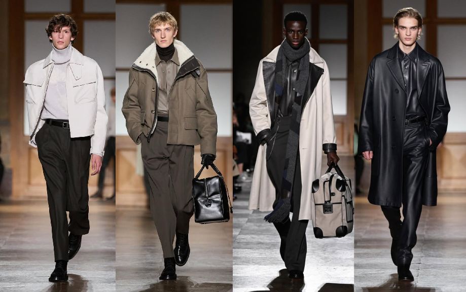 Montagem de fotos de looks do Desfile Masculino da hermès Inverno 2026/2027.