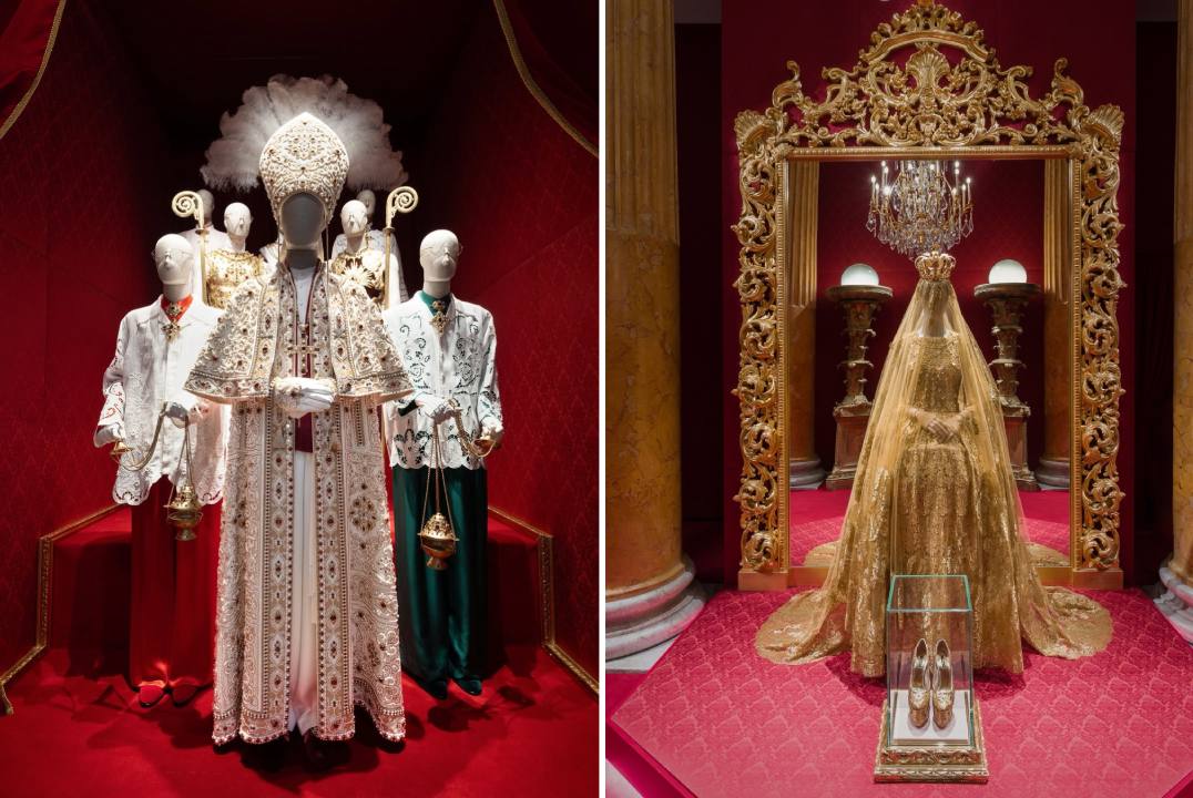 Montagem de fotos de looks exibidos na exposição  “From the Heart to the Hands: Dolce & Gabbana".