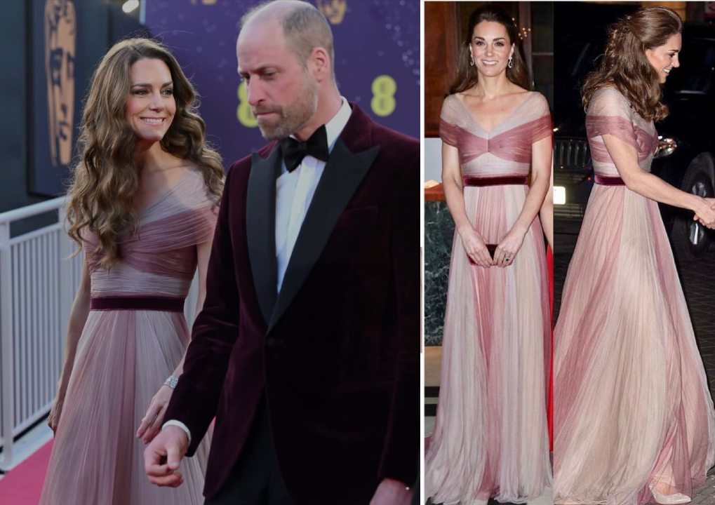 Montagem de fotos de Catherine, Princess of Wales no BAFTA Awards 2026 e no jantar da Mentally Healthy Schools, com mesmo vestido Gucci, mas penteado e acessórios diferentes.
