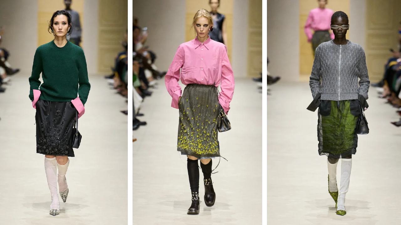 Montagem de fotos do Desfile Feminino da Prada Inverno 2026/27 na Milan Fashion Week.