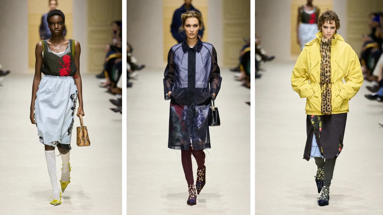 Montagem de fotos de modelos no Desfile da Prada, incluindo Bella Hadida.