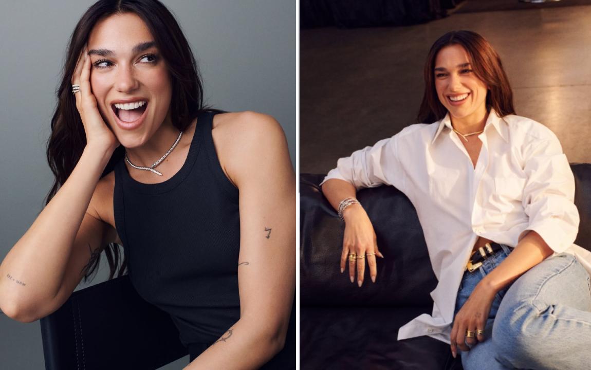 Montagem de fotos Em clima de descontração, a cantora Dua Lipa posa para a divulgação do seu título de "Embaixadora Global da bulgari. 