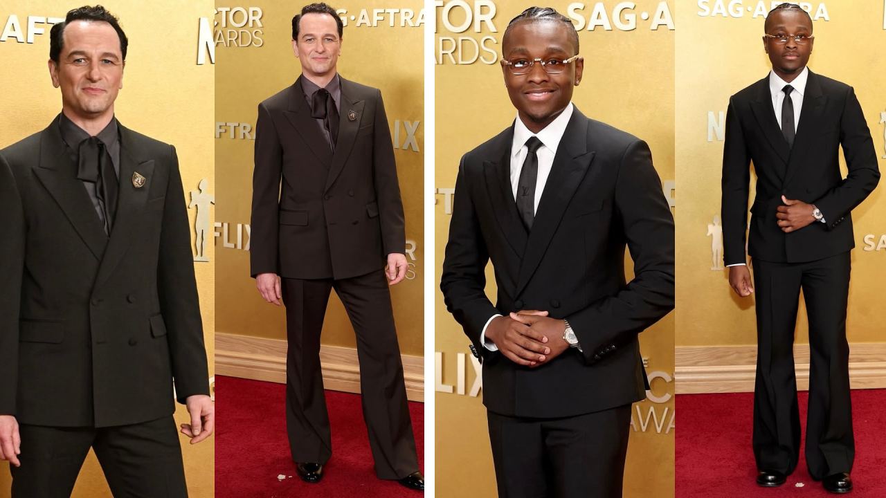Montagem de fotos dos atores Matthew Rhys  e  Miles Caton com alfaiataria afiada da LV no Actor Awards.
