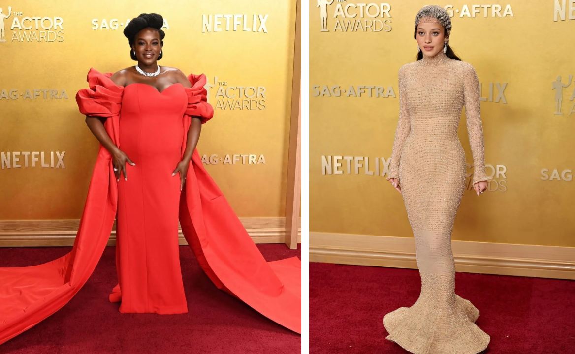 Montagem de fotos de Wunmi Mosaku  e Chase Infiniti a bodo de vestidos Louis Vuitton no Red Carpet de domingo.