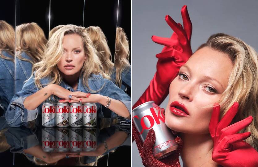 Montagem de fotos de Kate Moss em campanha para a Diet Coke.