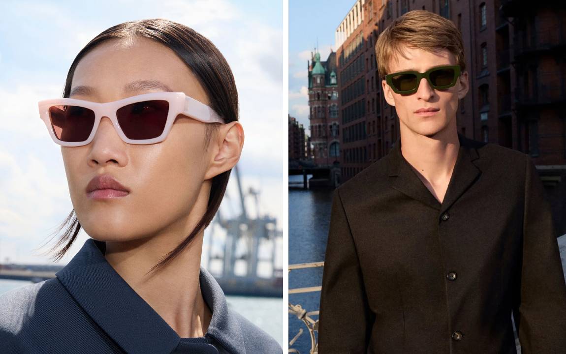 Motagem de fotos da campanha de óculos de lluxo das marcas Jil Sander e Oliver Peoples.