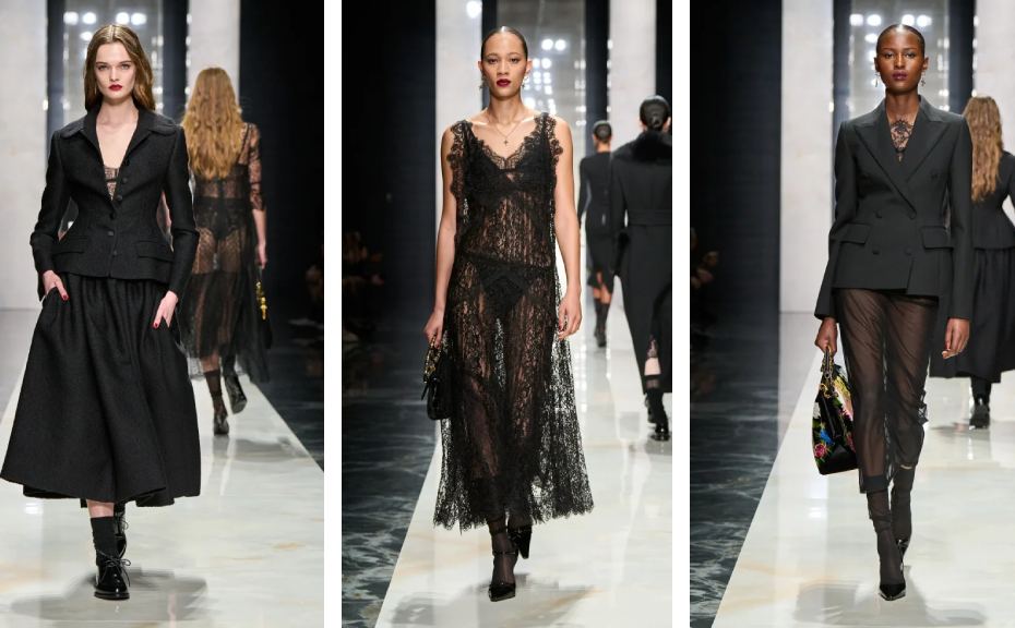 Montagem de looks femininos da D&G na MFW Inverno 2026.