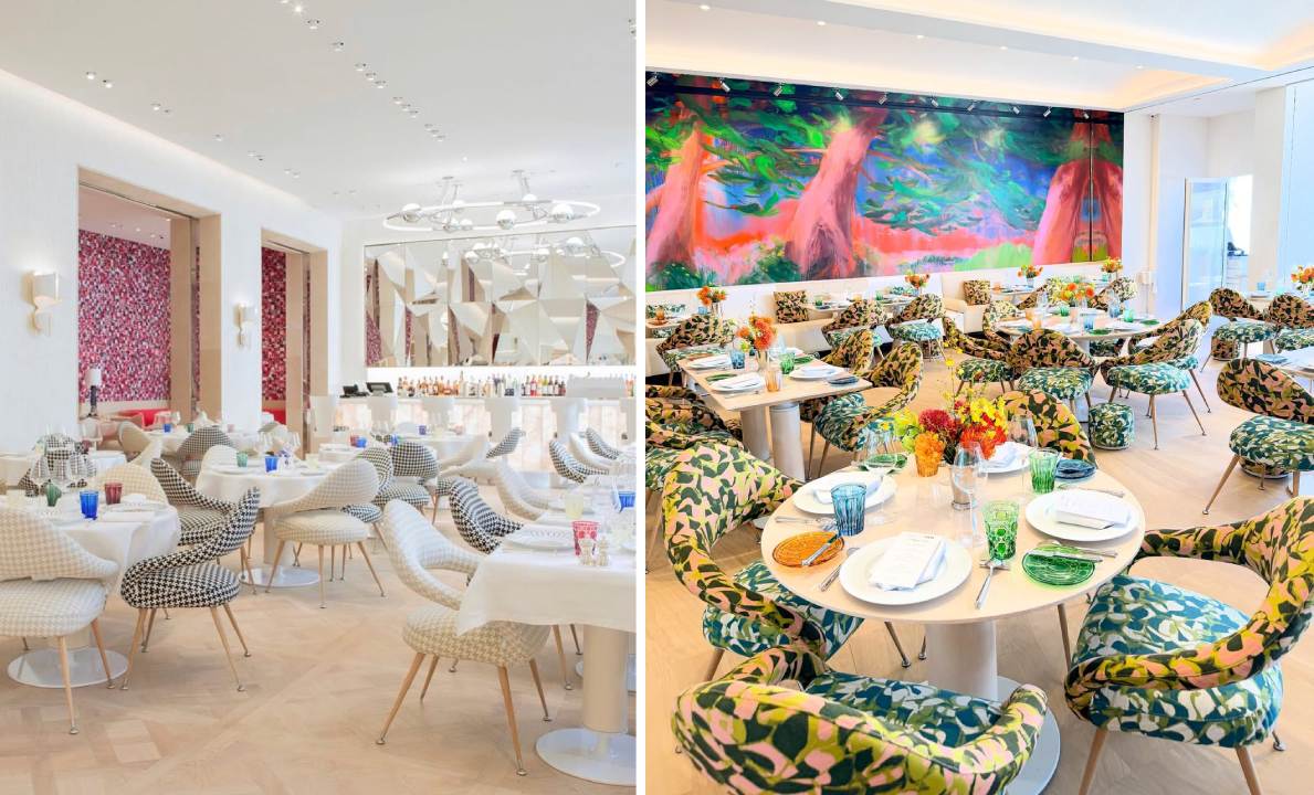 Montagem de fotos dos A decoração dos espaços gastronômicos da Dior. 