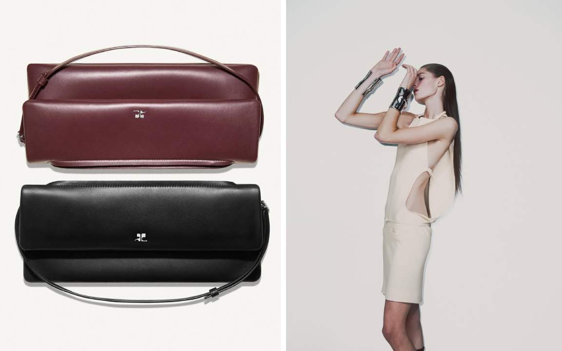 Montagem de fotos da Bolsa Courrèges The Cuff  ao lado de look da Coleção SS26.