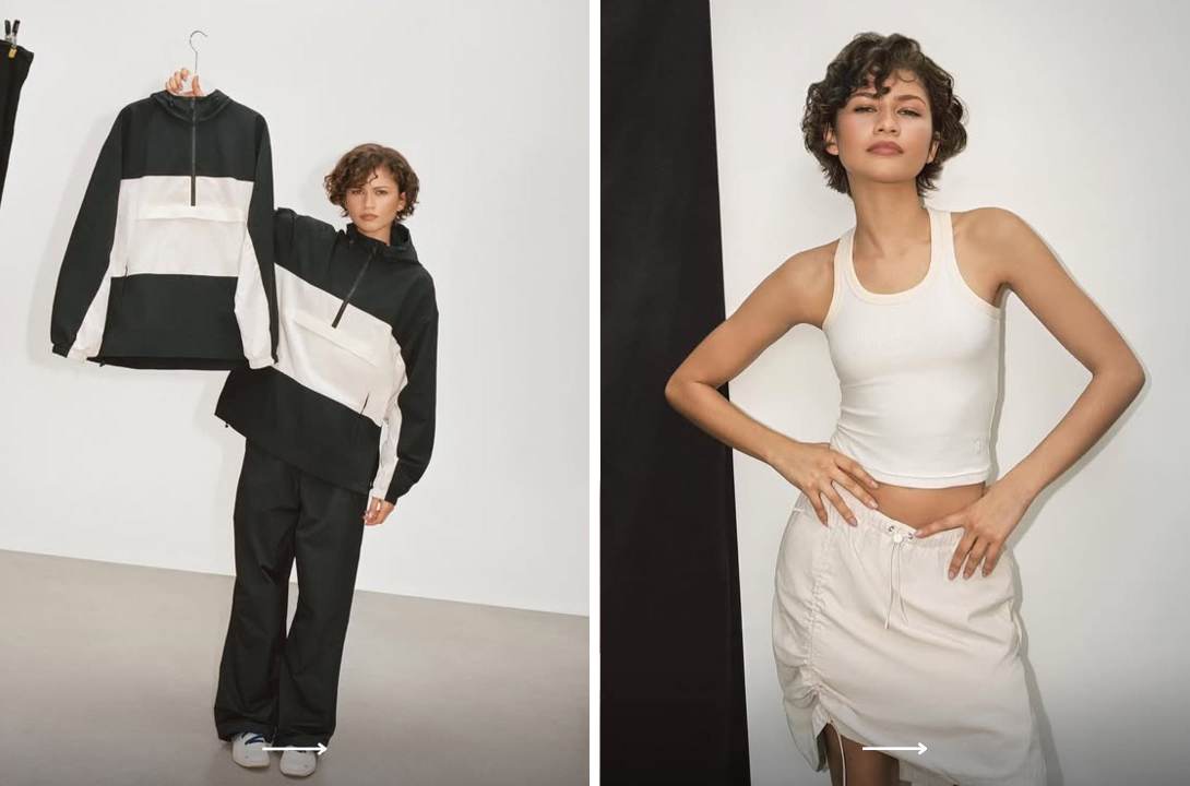 Montagem de fotos de Zendaya X On: A nova linha aposta em silhuetas minimalistas e peças pensadas para transitar entre treino e rotina urbana.