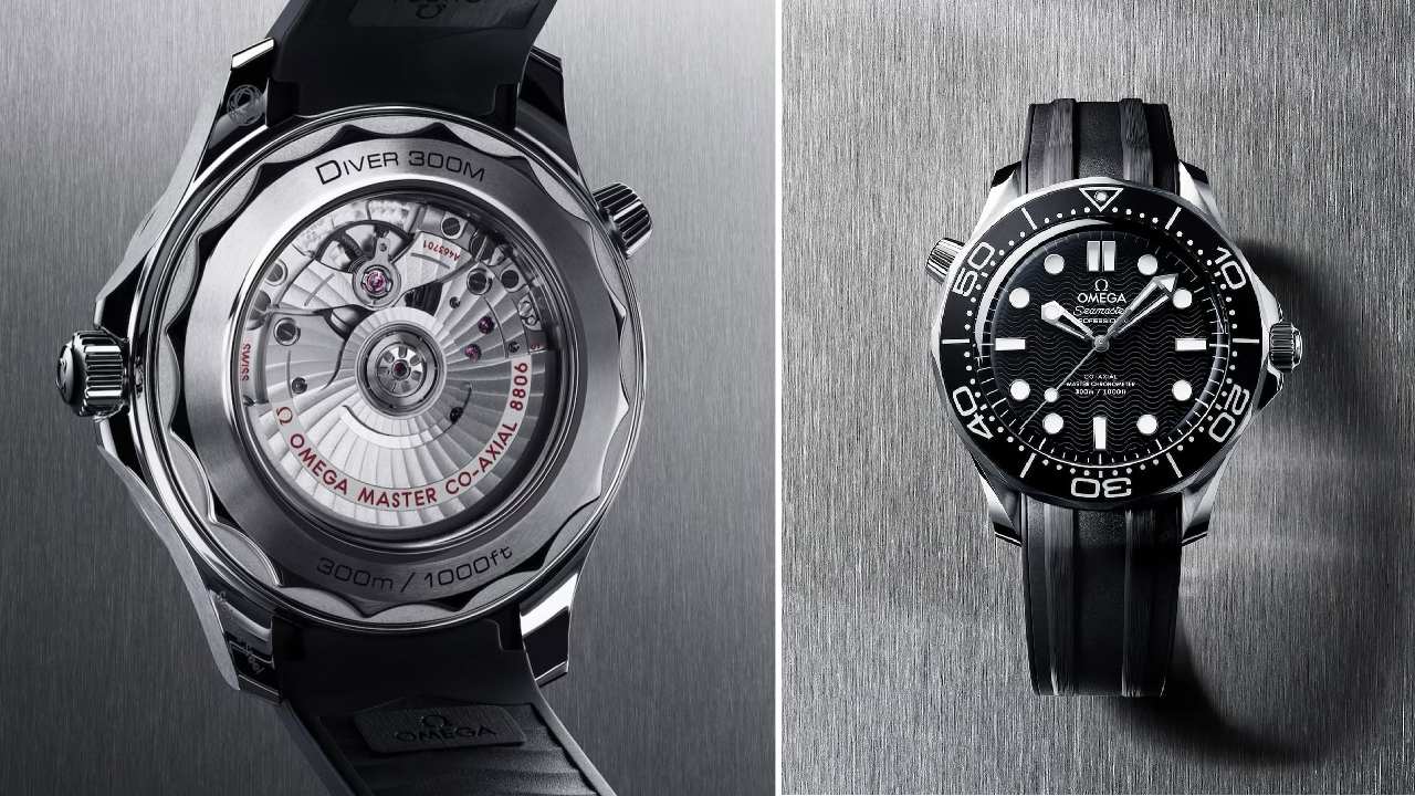 Relógio Omega Seamaster Diver 300M 42 mm em aço inox com bracelete de borracha preta e mostrador esportivo de luxo suíço.