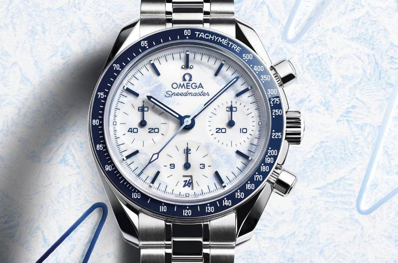 Omega Speedmaster 38mm Milano Cortina — caixa de 38mm em aço inoxidável com luneta azul
