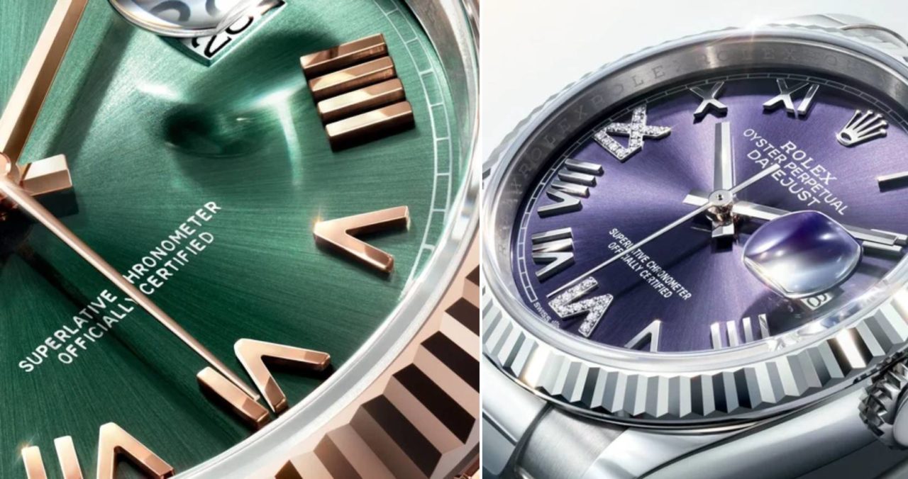 Montagem de fotos com variações dos novos ponteiros do relógio rolex datejust.