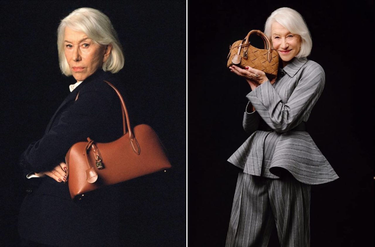 Fotos de Helen Mirren com a bolsa de luxo vegana Stella McCartney Ryder.