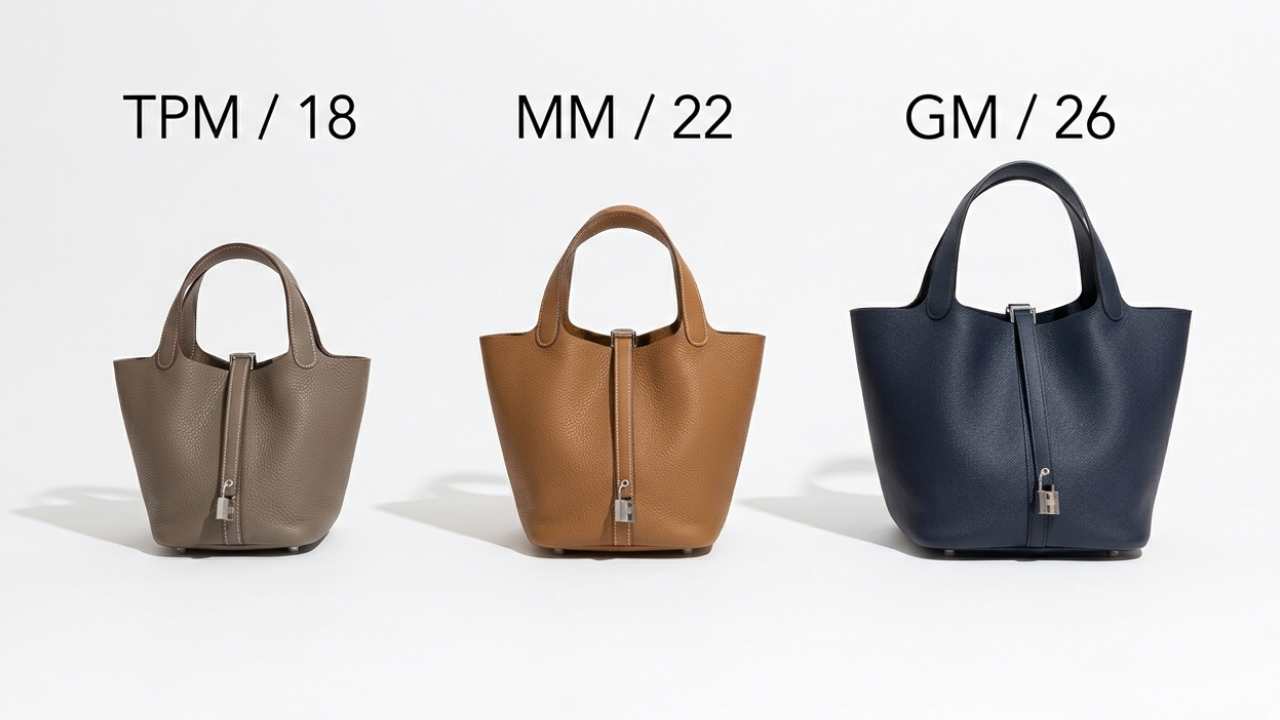 Foto ilustrativa dos tamanhos mais comuns e desejados da bolsa Hermès Picotin, um dos modelos menos comentados.