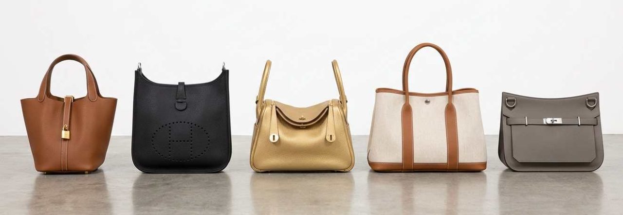 Foto com diversos modelos de bolsas hermès para constuir relacionamento com a marca e comprar uma birkin ou kelly.