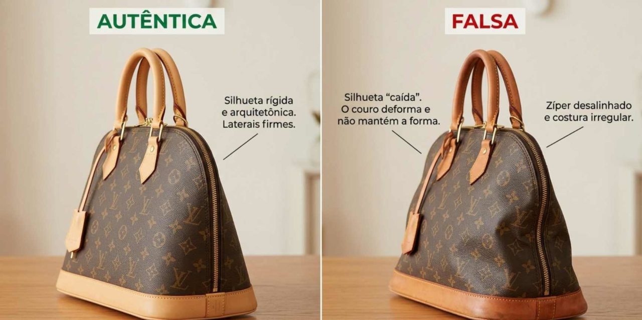 Montagem de fotos que ilustram a diferença de uma bolsa louis vuitton alma autêntica de uma réplica.