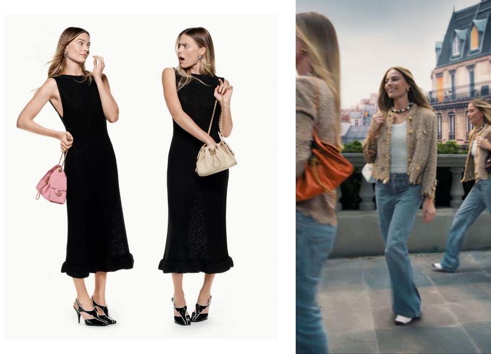 cenas da campanha e clipe da it bag chanel 25 com margot robbie e kylie minogue.
